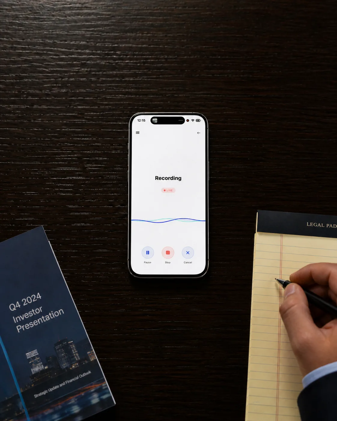 Phone recording a meeting on a conference table